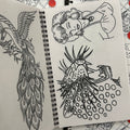 Inside pages of Line Drawings Vol. 1 by Tomas Tumbleweed featuring line drawings of a lady, a leopard, and a peacock.