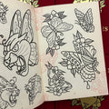 Inside pages of Hand-Drawn by Ed Staples featuring line drawings of butterflies and panther heads.