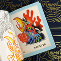 Inside pages of Chad Koeplinger - Animal Songs featuring a color sketch  of a rooster in American traditional style.