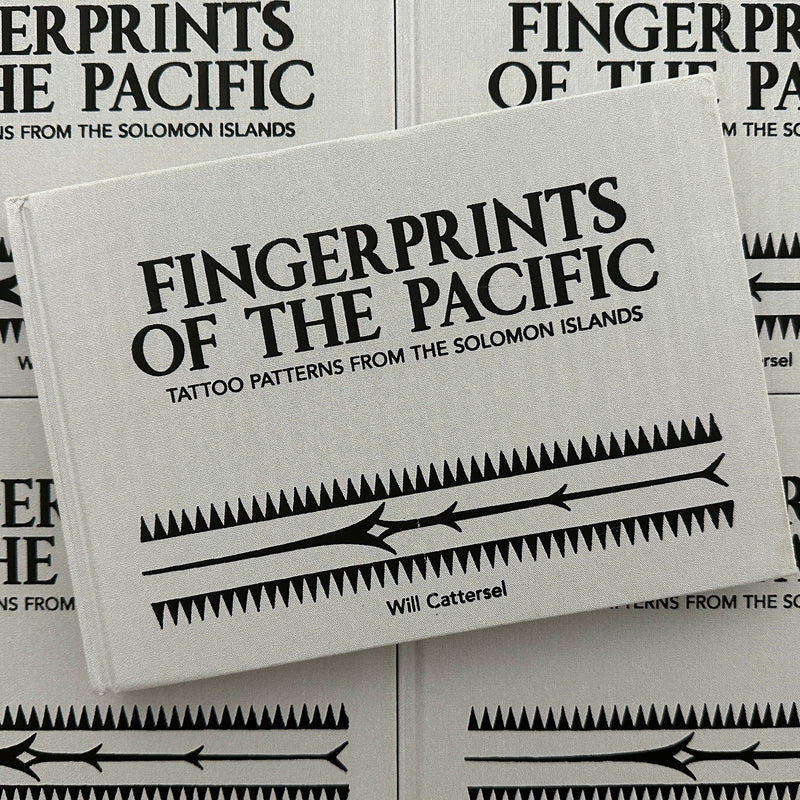 Front cover of book 'Fingerprints of the Pacific' by Will Cattersel featuring a tribal pattern, black on a grey background.