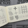 Inside pages of book 'Fingerprints of the Pacific' by Will Cattersel featuring tribal geometric design and line work.