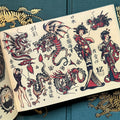 Inside pages featuring chinese dragons, geisha girls, and mandarin characters all painted in traditional style and colors.