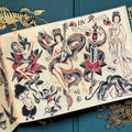 Inside pages of Sailor Jerry's 'From the Great Walls of China Sea', featuring pinup girls, animals, roses and more.