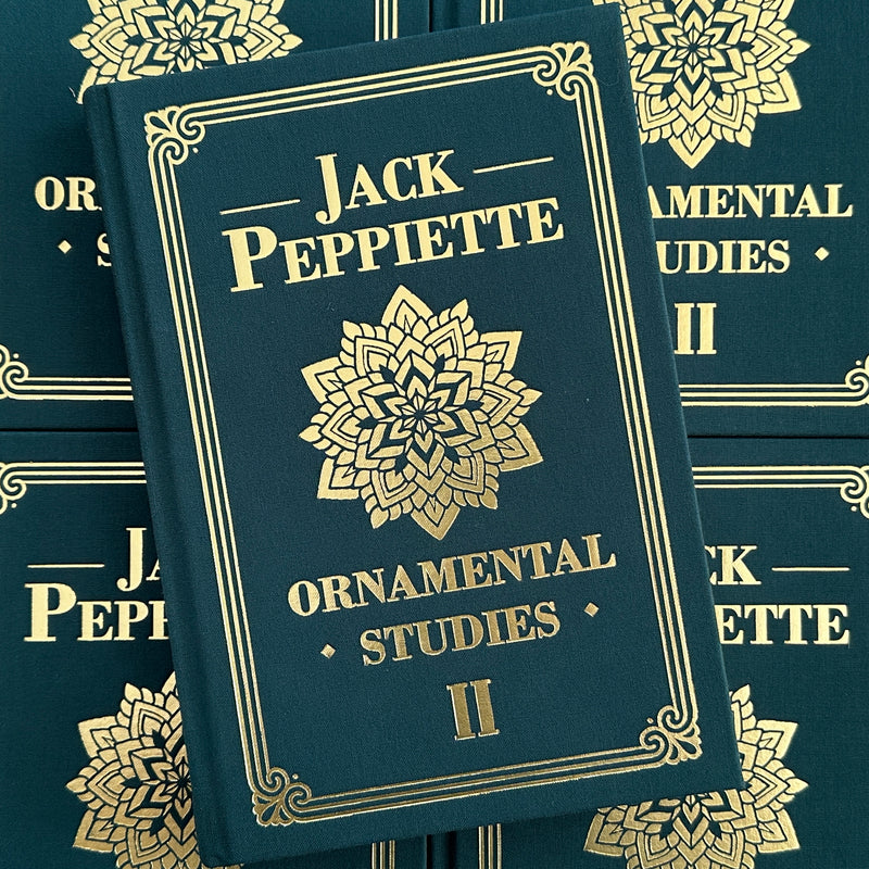 Front cover of Ornamental Studies 2 by Jack Peppiette featuring gold lettering and a mandala design on a dark green background.