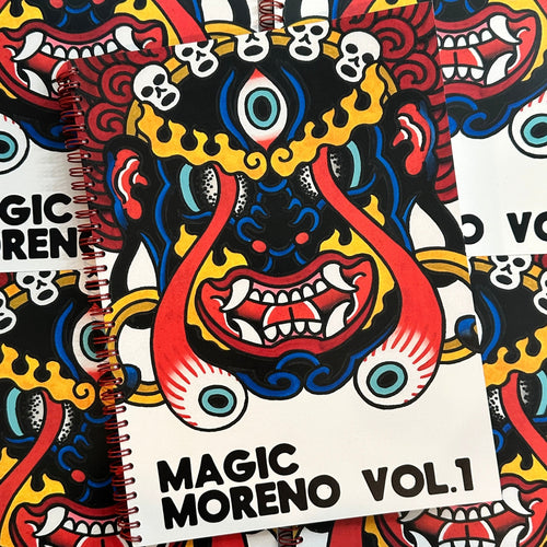 Front cover of Dan Moreno's 'Magic Moreno Sketchbook Volume 1', featuring a Buddhist deity with its eyes falling out wearing a crown of skulls.
