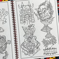 Inside pages of Dan Moreno's 'Magic Moreno Sketchbook Volume 1' featuring a castle with a skull door, a robot man with a third eye and om symbol, a sacred heart with thorns, and a Japanese deity.
