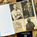 Inside pages of 'Gus Wagner Globe Trotter and Hand Tattoo Artist', featuring images of tattooed people, including a man with a bodysuit, a man with a crucifixion on his chest, a tribeswoman, and a dragon drawing.