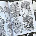 Inside pages of 'Cultish', featuring head silhouettes with text inside of them, a palm with patterns and writing on it, and a body diagram with a solar chart.