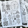 Inside pages of 'Cultish', featuring a variety of occult symbols like crucifixions, body diagrams, and heads of figures.