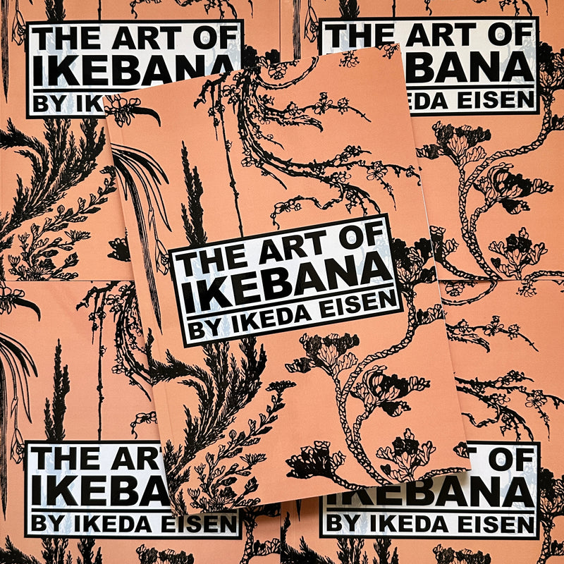 Front cover of 'The Art of Ikebana', featuring a coral pink background with silhouettes of Ikebana flower arrangements over it.