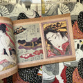 Inside pages of, 'Shunga', featuring two square panels of a black penis laying in a purple cloth with beads and jewelry beside it, and a Geisha face on the panel next to it