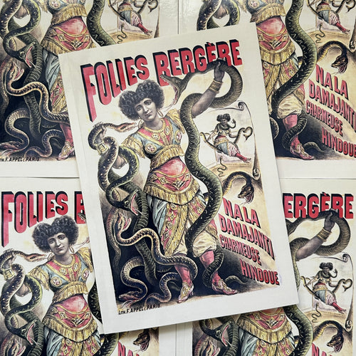 Front cover of 'French Posters', featuring a circus woman in puffy fringed clothing wrangling two giant snakes.