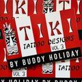 Front cover of Buddy Holiday Tiki Tattoo Designs Vol. 3, featuring a red and white striped cover with a Tiki face drink on the left side.