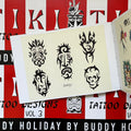 Inside pages of Buddy Holiday Tiki Tattoo Designs Vol. 3, featuring flash paintings of tribal faces painted in black.