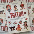 Front cover of, 'Tattoo', featuring various flash tattoo designs of ladies, dragons, hearts, ships, and more