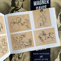 Inside pages of tattoo book "Lotteva Wagner Davis : Hand Tattooist & Artist of the American West" featuring illustrations of circus imagery by Lotteva, including a lion and tamer, a man riding a small elephant, a donkey painting a landscape, and a monkey riding a horse.