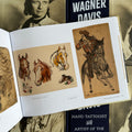 Inside pages of tattoo book "Lotteva Wagner Davis : Hand Tattooist & Artist of the American West" featuring flash art of horses and a cowgirl by Lotteva and Gus Wagner.