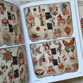 Inside pages of, 'Tattoo', featuring two flash sheets of paintings of butterflies, roses, daggers, american and british flags, and demon faces
