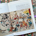 Inside pages of, 'Yokai Museum', featuring an army of Samurai on horses attacking a giant octopus with Japanese and English text at the top