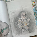 Inside pages of, 'Yokai', featuring a spider human hybrid wearing a robe standing in front of a spiderweb, tying a rope