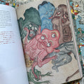 Inside pages of, 'Yokai', featuring different Yokai in green, red, grey, and brown, laying down on top of each other