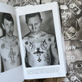 Inside pages of, 'Russian Criminal Tattoo Police Files. Vol 1', featuring torso tattoos of a cross with a woman crucified in the middle with two angels on clouds chained to it 