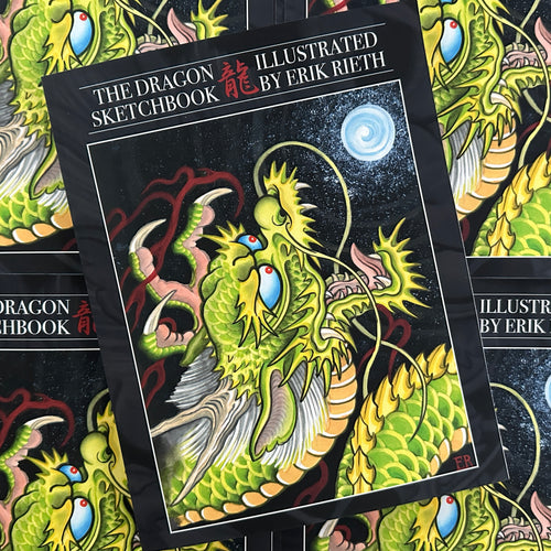 Front cover of The Dragon Sketchbook by Erik Rieth, a line drawings and sketches tattoo book, featuring an illustration of a green dragon and a light orb on a black background.