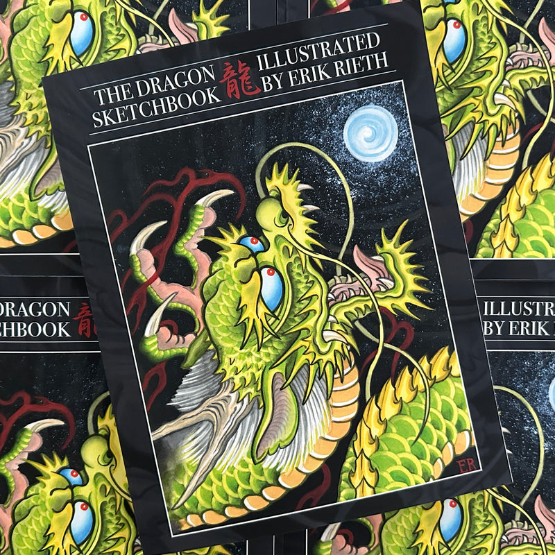 Front cover of The Dragon Sketchbook by Erik Rieth, a line drawings and sketches tattoo book, featuring an illustration of a green dragon and a light orb on a black background.
