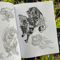 Inside pages of The Dragon Sketchbook by Erik Rieth, a line drawings and sketches tattoo book, featuring a fiery dragon horse, fiery dragon claws holding an orb, a dragon head, and a full-body dragon sketch.