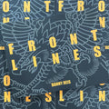 Front cover of Front Lines by Danny Reis, a line drawing tattoo book, featuring a line drawing of an eagle in the traditional style, and bold yellow font for the title.