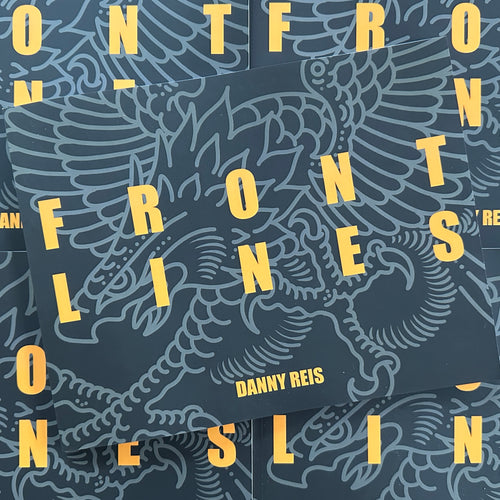 Front cover of Front Lines by Danny Reis, a line drawing tattoo book, featuring a line drawing of an eagle in the traditional style, and bold yellow font for the title.