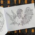 Inside pages of Front Lines by Danny Reis, a line drawing tattoo book, featuring line drawings of a harpie, a lady head, and a leopard adorned with flowers, all done in the traditional style.