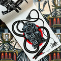 Inside pages of BD 46, featuring a painting of a black leather gimp mask with buckles over it, a red sun background, and a whip in the background