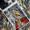 Inside pages of BD 47 Belmo, featuring a folk art style painting of a skeleton covered in black spikes, surrounded by tribal designs, in a red room with grey walls, while sitting a human ear, chained up by the lobe