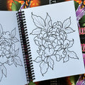 Inside pages of Damon Conklin, 'Flower Power', featuring a line drawing of a curly peony with leaves