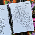 Inside pages of Damon Conklin, 'Flower Power', featuring a cluster of rhododendrons with leaves and the text 'rhododendron clusters'