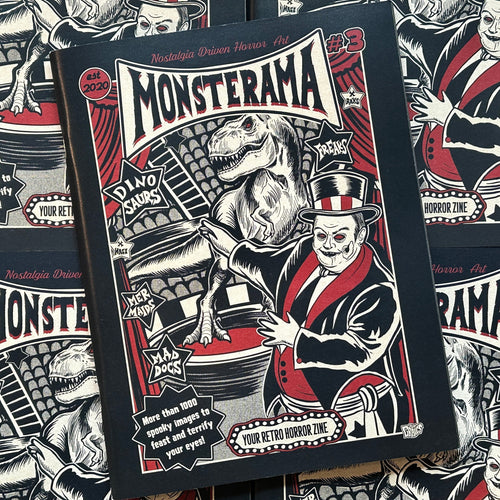 Front cover of Allan Graves, 'Monsterama', featuring a ghoulish circus ring leader showing off a t-rex dinosaur on a stage, in red, black, and grey colors.