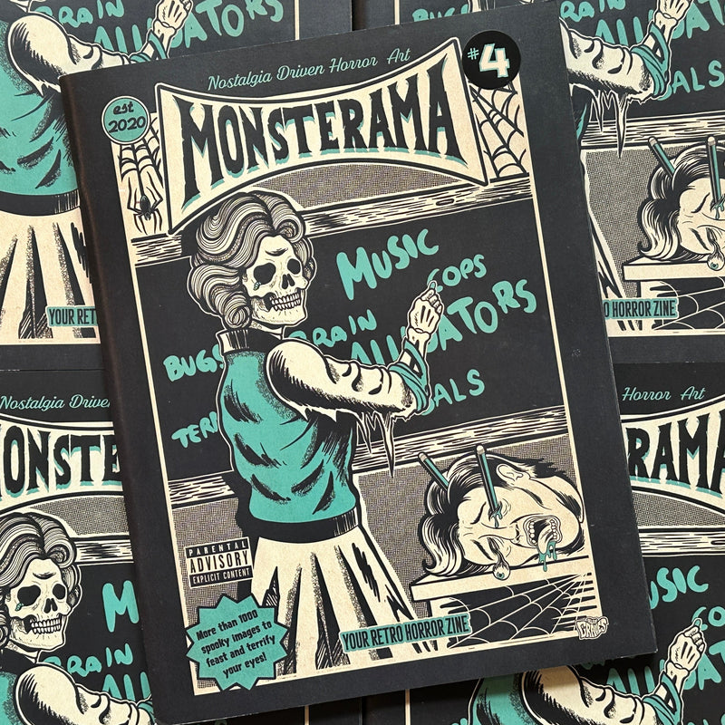 Front cover of Allan Graves, 'Monsterama #3', featuring a ghoulish skeleton teacher drawing on a chalk board, with a students head on the desk and pencils stabbed through it's eyes, in black, grey, and blue
