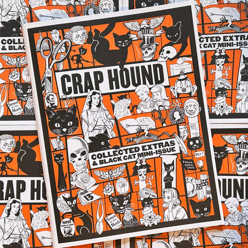 Front cover of Craphound, 'Collected extras & Black cats', featuring on orange background with a black and white clip art collage over it, featuring people praying, black cats, people on the phone, skulls, and more