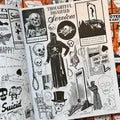Inside pages of Craphound, 'Collected extras and black cats', featuring a black and white clip art collage of an executioner, gallows, skulls, and more 