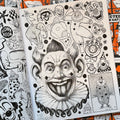 Inside pages of Craphound, 'Collected extras and black cats', featuring a black and white collage of vintage clowns