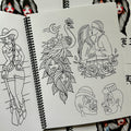 Inside pages of Volume 3 sketchbook by Javier DeLuna featuring line drawings of various subjects, including a peacock with lady heads on its tail, happy and sad clowns, and a couple kissing adorned by roses and drawn in Chicano style.