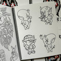 Inside pages of Volume 3 sketchbook by Javier DeLuna featuring line drawings of various hot stuff devils.