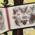 Inside pages of Neon Moon Vol. 2 featuring traditional color flash of butterflies made of different elements, such as flames, fingerwaves, faces, skulls, and roses.