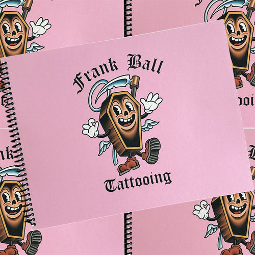 Front cover of Tattooing Flash Book by Frank Ball featuring a traditional style image of an anthropomorphic coffin with a scythe and wings.