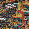 Front cover of "The Tattoo Catalogue 2026: Tattoo, Circus, Sideshow, and Curiosities" showcasing traditional-style flash featuring an eagle, snake, and dragon in red, teal, and gold.