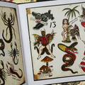 Inside pages of of Rosie Folk Art Tattoo Flash book featuring traditional flash sheets in color showcasing animals.