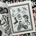 Inside pages of Tattoo Punks Vol. 1 featuring black and white flash of punk motifs such as a punk girl with a mohawk and anarchy tattoo, a punk guy on a motorcycle, and pierced flesh.