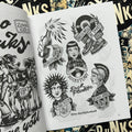 Inside pages of Tattoo Punks Vol. 2 featuring black and white flash of punk motifs including punk girls and a hand holding a molotov cocktail.