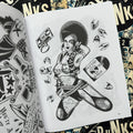 Inside pages of Tattoo Punks Vol. 2 featuring a black and white illustration of a punk girl posing and surrounded by a cassette, a vinyl album, and clothing spikes.